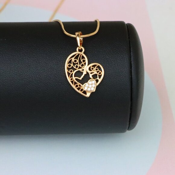 "Rose Gold Heart Pendant Featuring Mother & Child with Crystal Accent, XPPT1864 - Picture 7 of 13